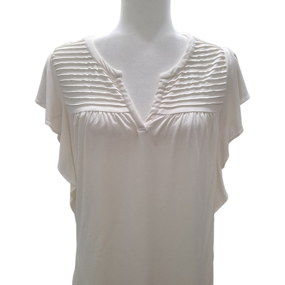 Anthropologie Meadow Rue White Pintuck Detail Notched V-Neck Flutter Sleeve Top - Picture 2 of 7